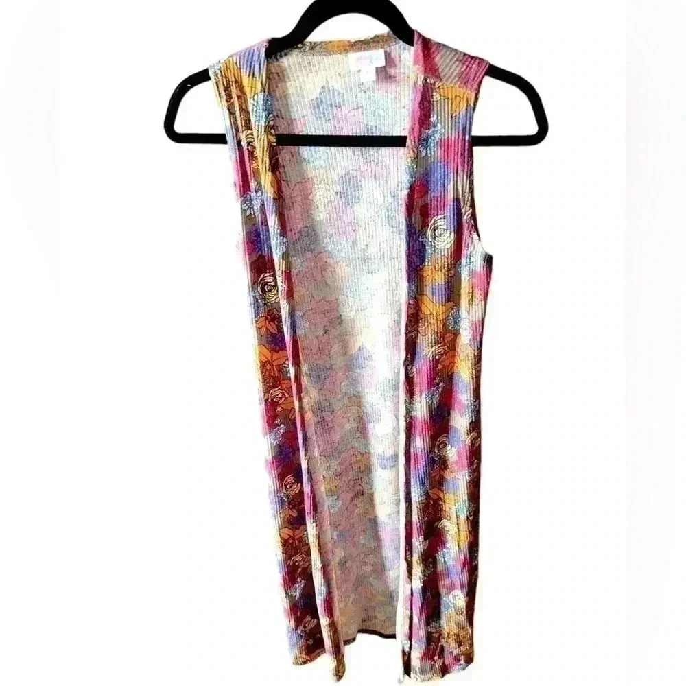 Lularoe XS brown ribbed floral long Joy vest.NWT